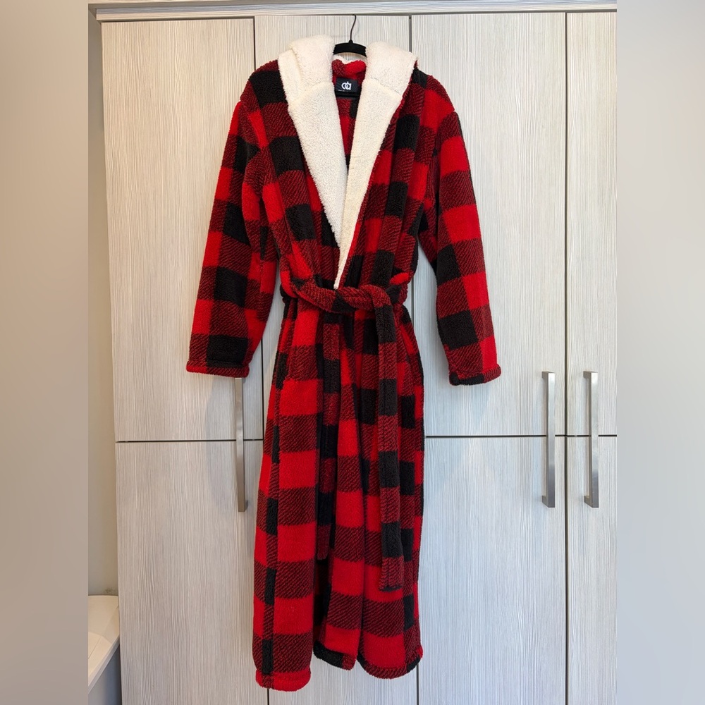 MEN'S SALE David Archy Men’s Hooded Sherpa Robe Medium Red Black Buffalo‎ Plaid